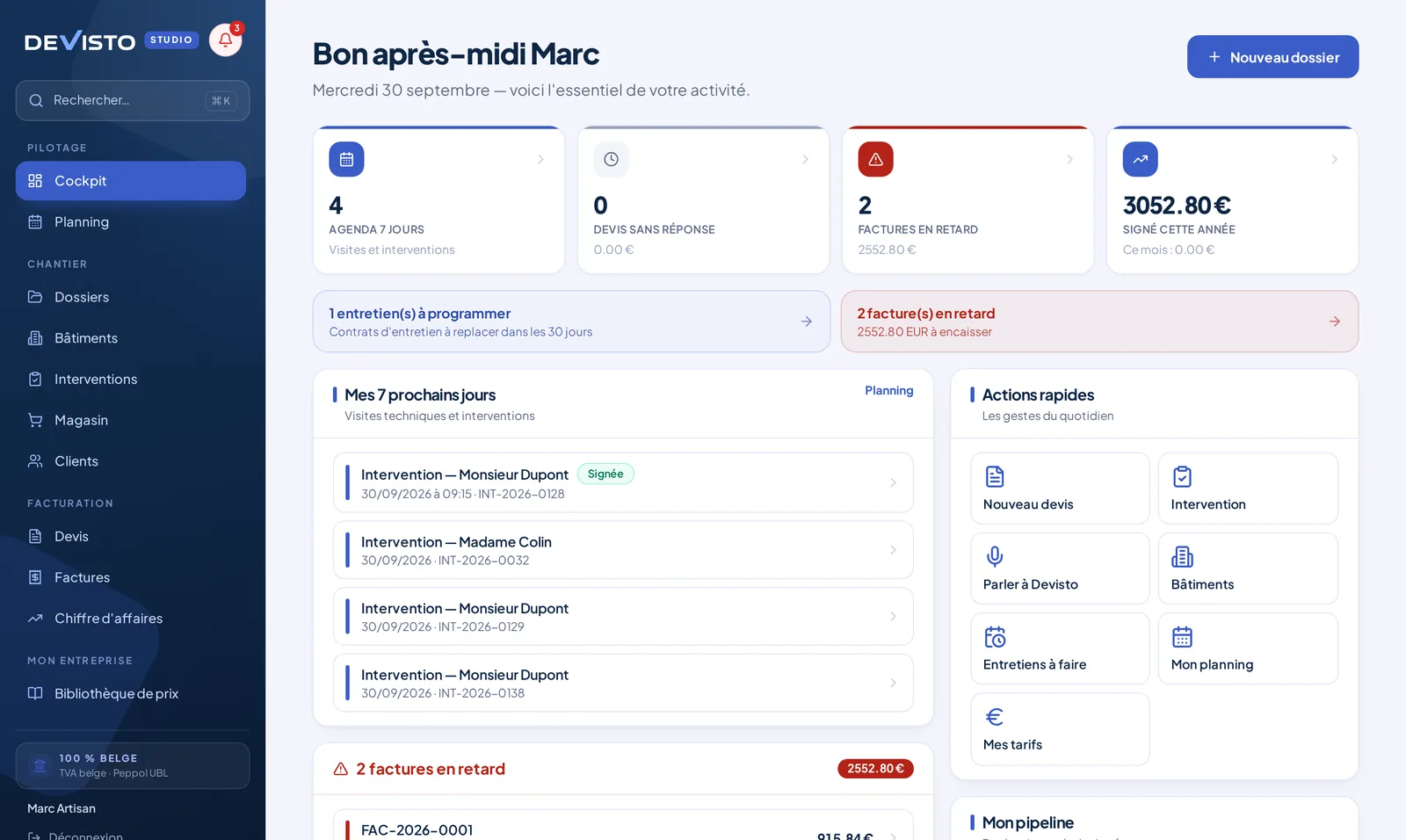 Cockpit Devisto : agenda, devis sans réponse, factures en retard et chiffre d'affaires signé