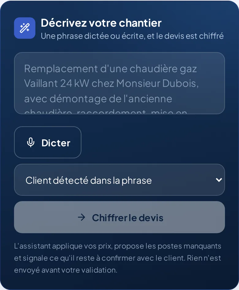 Écran de dictée Devisto sur smartphone : décrivez votre chantier