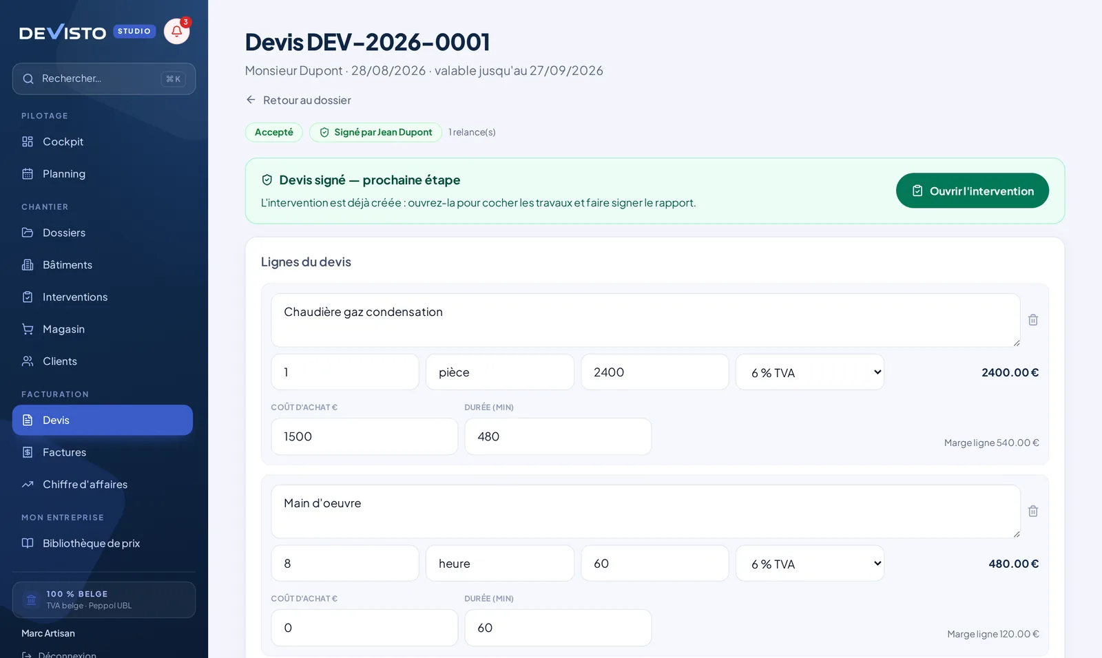 Devis préparé par l'assistant Devisto : lignes, prix, TVA belge et marge